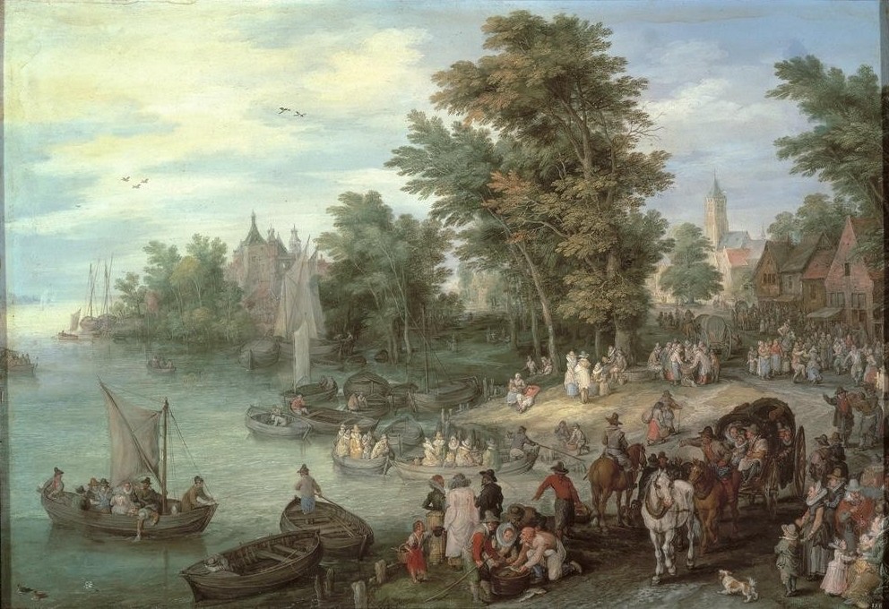 Jan Brueghel der Ältere, Landungsplatz (Boote, Handel, Kutschen, Landschaft, Pferdewagen, Segelboote, Fluss, Kleinstadt, Menschenmenge, Landungsstelle, Personentransport, Alltag, Genre,Landbevölkerung, Landschaft, Barock, Klassiker, Malerei, Wunschgröße, Wohnzimmer, bunt)