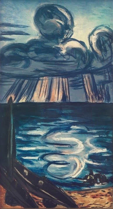 Max Beckmann, Meer mit großer Wolke (Meer, Horizont, Wolken, Regen, Strand, naturgewalten, Expressionismus, Klassische Moderne, Malerei, Wohnzimmer, Treppenhaus, Wunschgröße, bunt)