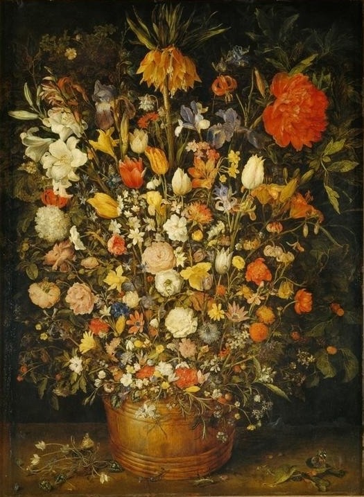 Jan Brueghel der Ältere, Großer Blumenstrauß in einem Holzgefäß (Stillleben, Blumenstrauß, Vase, üppig, prächtig, Vanitas, Vergänglichkeit, Tulpen, Lilien, Nelken, Rosen, Schmetterlinge, Barock, Wunschgröße, Klassiker, Blumenbrueghel, Samtbrueghel, Wohnzimmer, Esszimmer, Wunschgröße)