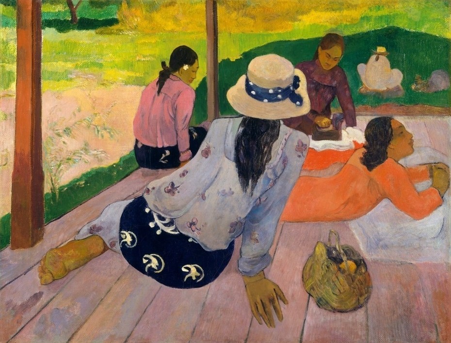 Paul Gauguin, Die Siesta (Südsee, junge Frauen, Ureinwohner, Gesellschaft, Pause, Ruhe, exotisch, Wunschgröße, Klassische Moderne, Impressionismus, Malerei,  Wohnzimmer,  bunt)