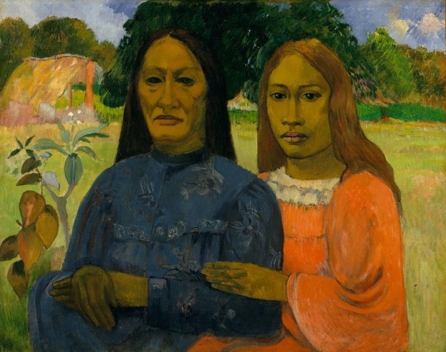 Paul Gauguin, Zwei Frauen (Südsee, Frauen, Ureinwohner, Gesellschaft, Lebensalter, exotisch, Landschaft,  Wunschgröße, Klassische Moderne, Impressionismus, Malerei,  Wohnzimmer,  bunt)