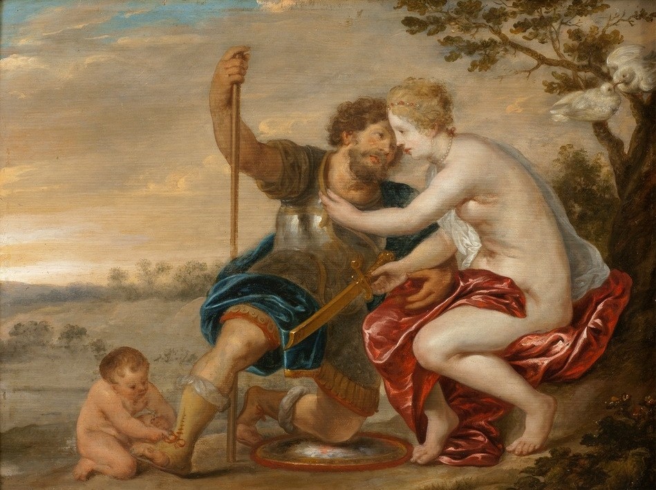 Anonym, Mars, Venus and Cupid (Götter, Venus, Mars, Cupido, Liebe, Liebespaar, Mythologie, Barock, Akt, Verführung, Götterliebschaften, Klassiker, Antikenrezeption, Malerei, Wunschgröße, Wohnzimmer, bunt)