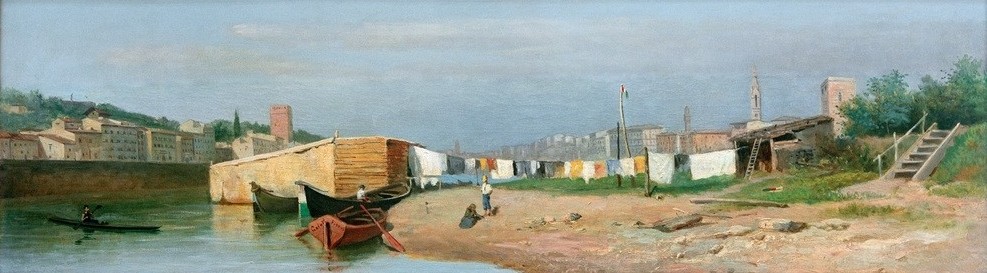 Lorenzo Gelati, Süßes Nichtstun am Ufer des Arno  (Landschaft, Landschaftsmalerei, Florenz, Fluss, Arno, Boote, la dolce vita, Wäscheleine, Wäsche trocknen, Klassiker, Wunschgröße, Wohnzimmer)