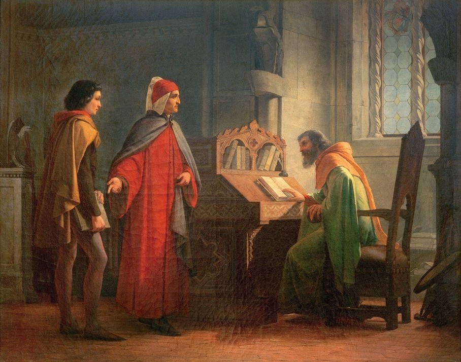 Giovanni Mochi, Dante Alighieri stellt Giotto dem Guido Novello da Polenta vor  (Persönlichkeiten, Dante, Giotto di Bondone, Italiener, Künstler, Schriftsteller, Schreibstube, Interieur, Klassiker, Wunschgröße, Malerei, bunt)