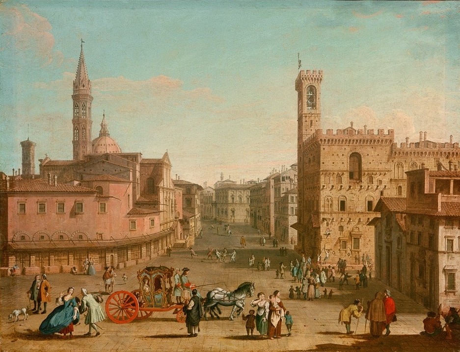 Giuseppe Zocchi, Die Piazza San Firenze  (Florenz, Platz, Palazzo Vecchio, Architektur, Stadtleben, Genre, Vedute, Barock, Wunschgröße, Klassiker, Malerei, Wohnzimmer)