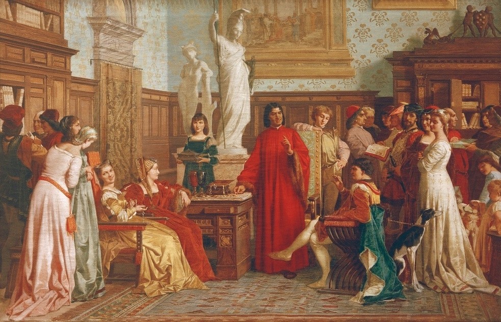 Amos Cassioli, Galeazzo Sforza bei Lorenzo de' Medici  (Gesellschaft, Medici, Sforza, Florenz, Adel, Interieur, Klassiker, Wunschgröße, Wohnzimmer, Malerei)