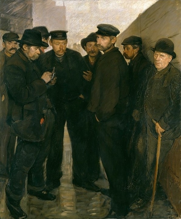 Rudolf Jacob Zeller, Day Laborers at the Port of Hamburg (Realismus, Männer, Hamburg, Hafenarbeiter, Portraits, Genre, Sorge, Arbeitslosigkeit, nachdenklich, Wunschgröße, Klassiker, Wohnzimmer)