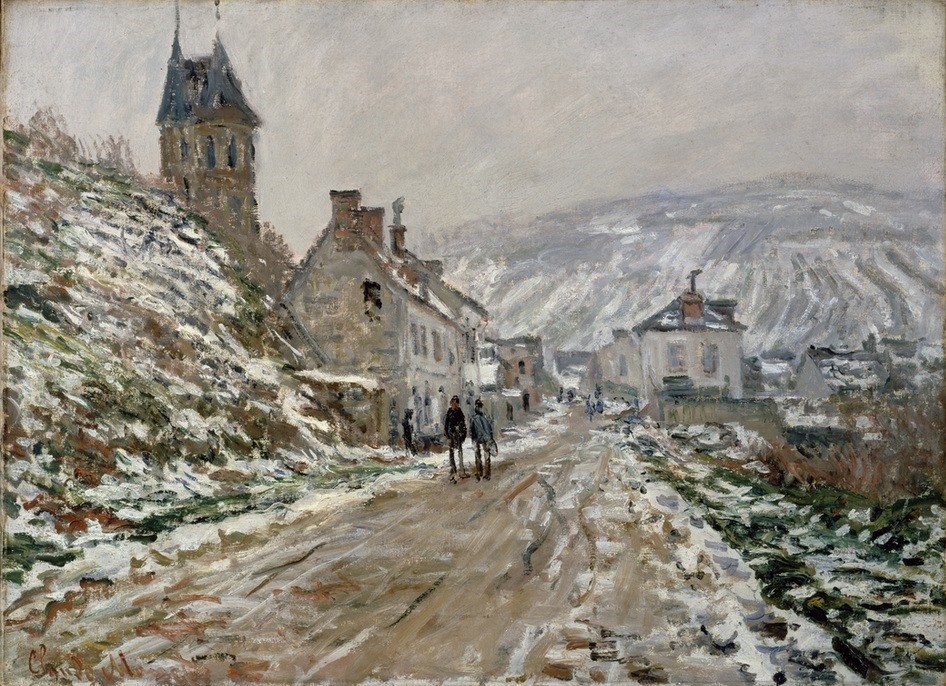 Claude Monet, La Route à Vétheuil, l’hiver (Haus,Kunst,Landstrasse,Landschaft, Straße, Schnee, Winter, Wohnhaus, Villa,  Französische Kunst, Impressionismus, Wunschgröße, Wohnzimmer, Klassiker, Malerei)
