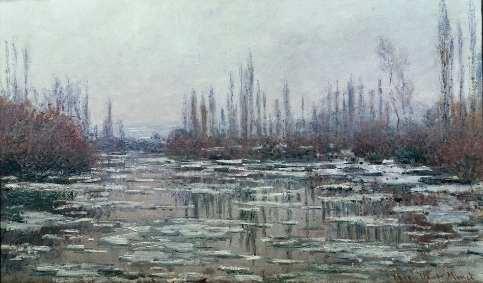 Claude Monet, La débâcle (Eis, Kälte, Gewässer, Landschaft, Winter, Ufer, Eisscholle, Eisgang, Tauwetter, Französische Kunst, Impressionismus, Wunschgröße, Wohnzimmer, Klassiker, Malerei)