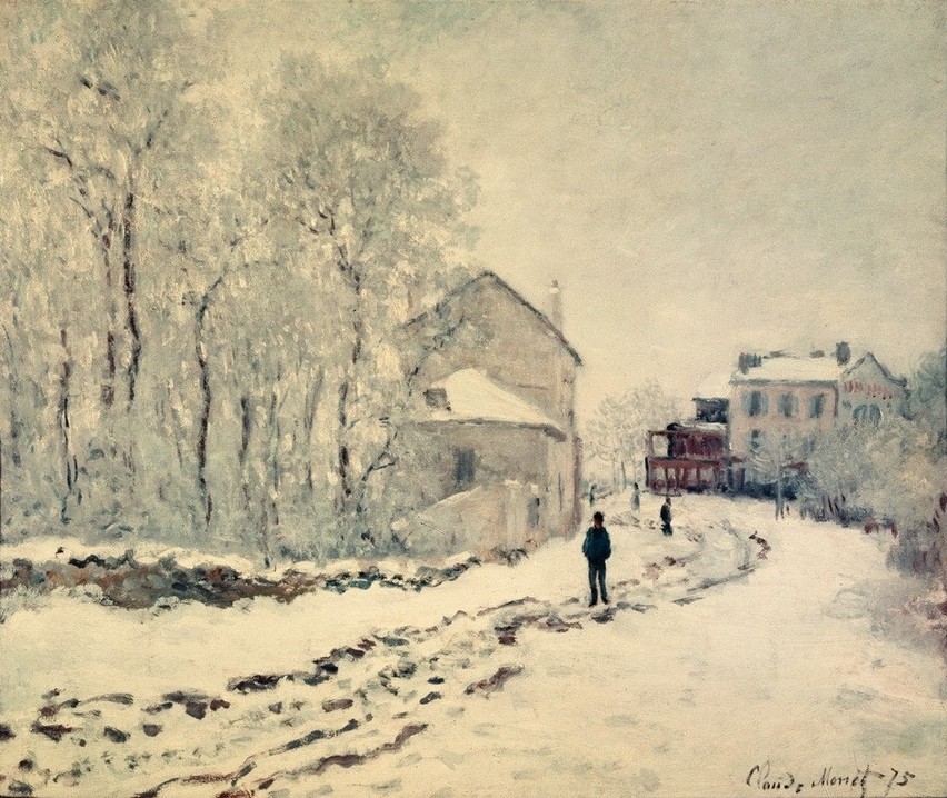 Claude Monet, Neige à Argenteuil (winter, Schnee, Kälte, Straße, Häuser, Jahreszeiten, Landschaft, Französische Kunst, Impressionismus, Wunschgröße, Wohnzimmer, Klassiker, Malerei)
