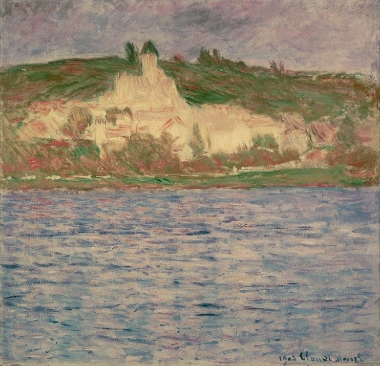 Claude Monet, Vue de Vétheuil (Landaschaft, Landschaftsmalerei, Fluss, Hügel, Dorf, Französische Kunst, Impressionismus, Wunschgröße, Wohnzimmer, Klassiker, Malerei,)