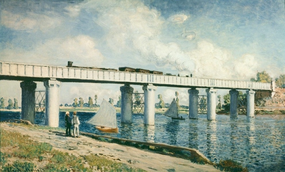 Claude Monet, Le Pont du chemin de fer à Argenteuil (Architektur, Brücke, Eisenbahnbrücke, Eisenbahn,Fluss, Gewässer, Landschaft, Transport, Dampflokomotive, Französische Kunst, Impressionismus, Wunschgröße, Wohnzimmer, Klassiker, Malerei,)
