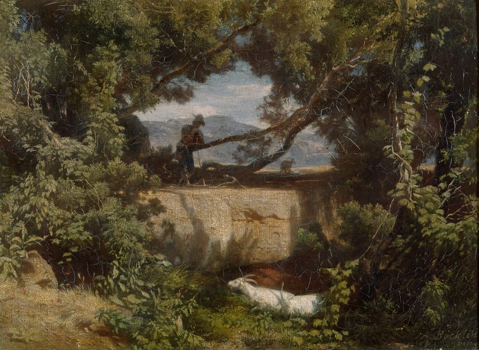 Arnold Böcklin, Ziegenhirte in in Kampanien (Landschaft, Hirte, Ziege,  Ziegenhirte, Landwirtschaft, Natur, Landschaftsmalerei, Wunschgröße, Klassiker, Wohnzimmer, bunt)