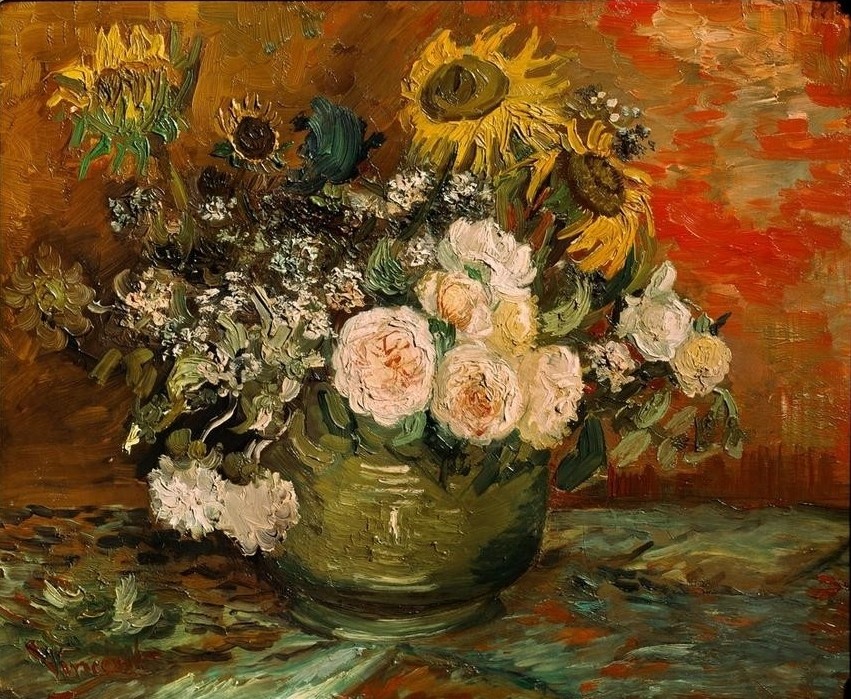 Vincent van Gogh, Rosen und Sonnenblumen (Kunst,Rose,Sonnenblume,Impressionismus,Stillleben,Blumenstrauss,Vase,Niederländische Kunst,Holländische Kunst,Blume)