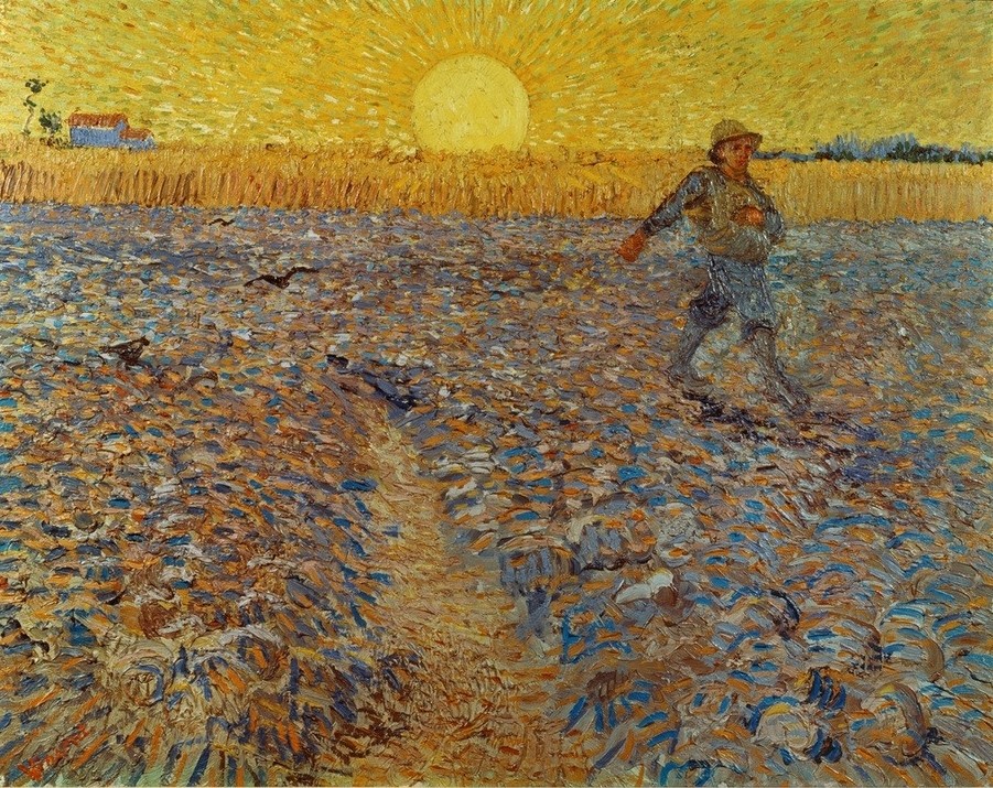 Vincent van Gogh, Sämann bei untergehender Sonne (Ackerbau,Bauer (Landwirt),Getreideanbau,Kunst,Landschaft,Sonnenuntergang,Sonne,Tageszeiten,Abend,Impressionismus,Niederländische Kunst,Sämann,Holländische Kunst,Säen,Feldarbeit,Landwirtschaft)