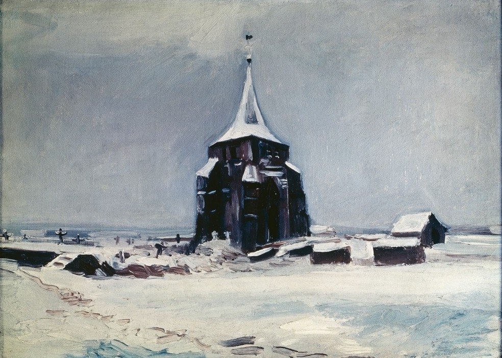 Vincent van Gogh, Die Kirche von Nuenen im Schnee (Friedhof,Kirche,Kunst,Turm,Winter,Impressionismus,Schnee,Architekturdarstellung,Niederländische Kunst,Holländische Kunst,Kirchturm)