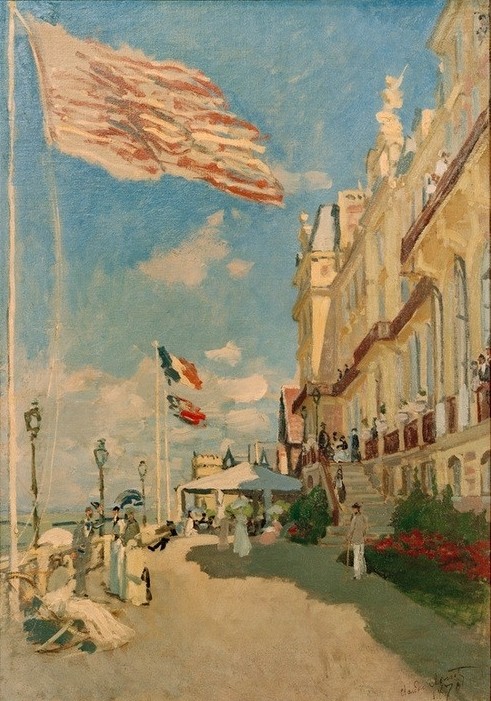 Claude Monet, L’Hôtel des Roches noires, à Trouville (Architektur,Flagge,Gastronomie,Geographie,Hotel (Allgemein),Küste,Kunst,Freizeit,Seebad,Terrasse,Impressionismus,Tourist,Reise,Architekturdarstellung,Französische Kunst,Tourismus,Trikolore,Fahnenmast,Sonnenschein,Topographie,Fahne,Signatur)
