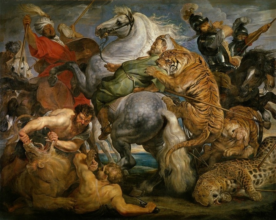 Peter Paul Rubens, Tigerund Leopardenjagd (Flämische Kunst,Jäger,Jagd,Löwe (Tier),Tierarten,Reiter,Barock,Orientalismus,Kampf Zwischen Mensch Und Tier,Grosswildjäger,Kampf,Raubkatze,Exotik,Raubtier,Kraft,Aufbäumen,Schimmel (Pferd),Ausschnitt)