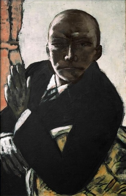 Max Beckmann, Selbstbildnis in Schwarz (Persönlichkeiten, Beckmann,  Selbstportrait, Anzug, Expressionismus, Klassische Moderne, Malerei, Wohnzimmer, Treppenhaus, Wunschgröße, bunt)