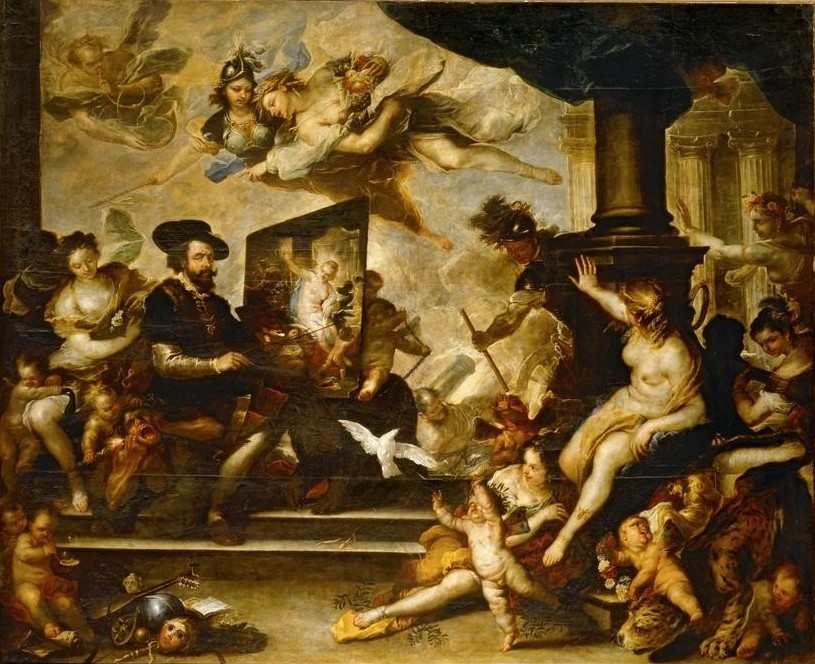 Luca Giordano, Rubens at work painting (Rubens, Maler, Portrait, Atelier, Musen, Modelle, Klassiker, Barock, Wohnzimmer, Wunschgröße)