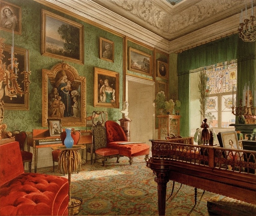 Eduard Gärtner, Das Grüne Zimmer im Berliner Schloss (Schloss, Zimmer, feudal, edel, Inneneinrichtung, Architektur, Interieur, Kunstwerke, Bildergalerie, Biedermeier, Wunschgröße, Klassiker, Wohnzimmer)