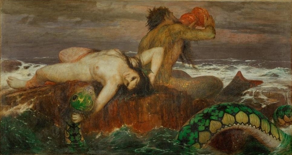 Arnold Böcklin, Triton and Nereid (Mythologie, Sagen, griechische Götter, Nymphe, Wasserschlange, Meeresgott, Wunschgröße, Klassiker, Symbolismus, Wohnzimmer, bunt)