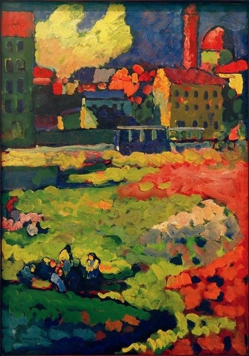 Wassily Kandinsky, München – Vor der Stadt (Kunst,Landschaft,Urbanistik,Expressionismus,Der Blaue Reiter,Russische Kunst,Stadtansicht,Architekturdarstellung,Stadtlandschaft,Abstraktion,Farbigkeit)