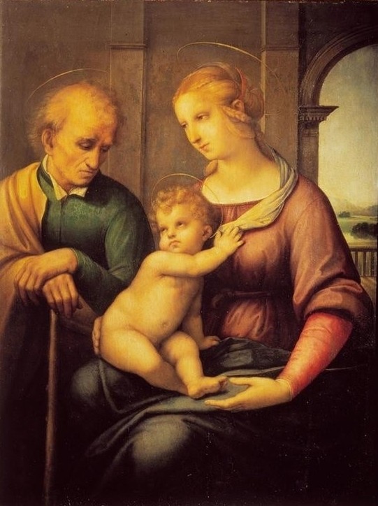 Raffael, Die heilige Familie mit dem bartlosen Joseph (Renaissance,Heilige Familie, Kind, Jesus, Maria, Joseph, Landschaft, Religion, Christentum, Klassiker, Schlafzimmer, Wohnzimmer, Malerei, Wunschgröße, bunt)