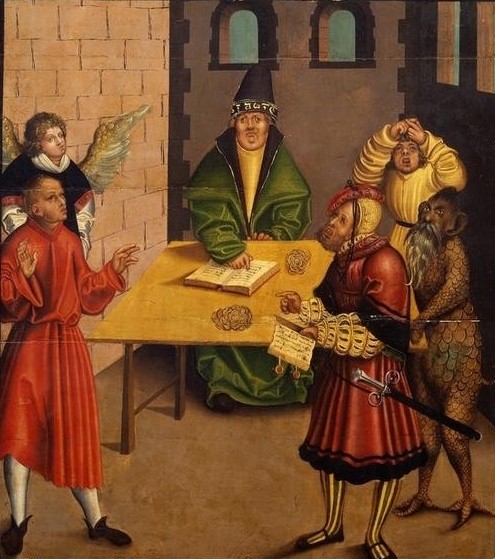 Lucas Cranach der Ältere, Das 9. Gebot: Du sollst nicht falsch Zeugnis reden wider Deinen Nächsten (Engel,Gericht (Justiz),Recht,Renaissance,Altes Testament,Bibel,Teufel,Zehn Gebote,Falschaussage,Gut Und Böse,8. Gebot,Jüdisch-Christlich)