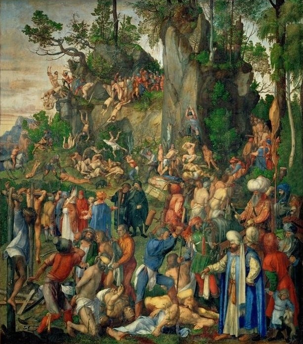 Albrecht Dürer, Marter der zehntausend Christen (Christenverfolgung,Christentum,Deutsche Kunst,Geschichte,Sage,Kirche,Künstler,Landschaft,Tod,Massaker,Selbstbildnis,Renaissance,Legende,Jungfrau,Martyrium,Märtyrer,Marter Der Zehntausend,Fabel,Urchristentum,Glaube,Christianisierung,Massenmord)