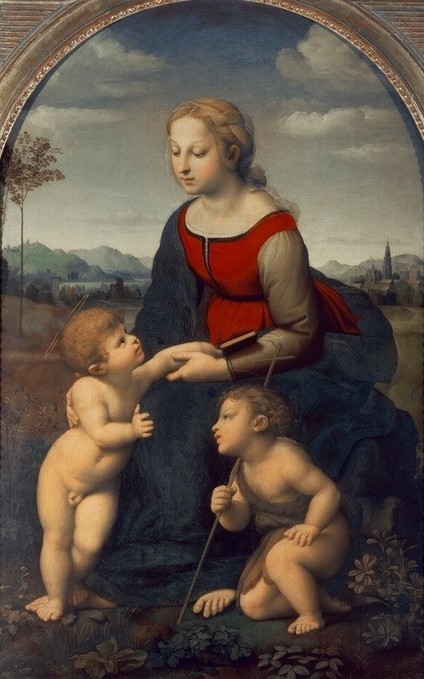 Raffael, La belle Jardiniere (Renaissance, Madonna, Kinder, Jesus, Johannes, Garten, Landschaft, Religion, Christentum, Klassiker, Schlafzimmer, Wohnzimmer, Malerei, Wunschgröße, bunt)