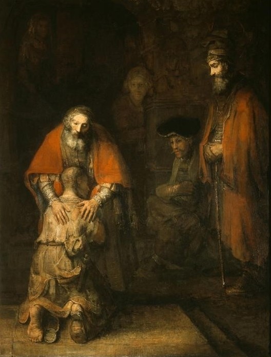 Rembrandt Harmenszoon van Rijn, Die Heimkehr des verlorenen Sohnes (Christentum,Kunst,Liebe,Mann,Religion,Vater,Vater Und Sohn,Barock,Begrüssung,Erschöpfung,Neues Testament,Bibel,Verwahrlosung,Umarmung,Gleichnis,Kniefall,Rückenfigur,Helldunkel,Heimkehr,Niederländische Kunst,Der Verlorene Sohn,Versöhnung,Güte,Holländische)