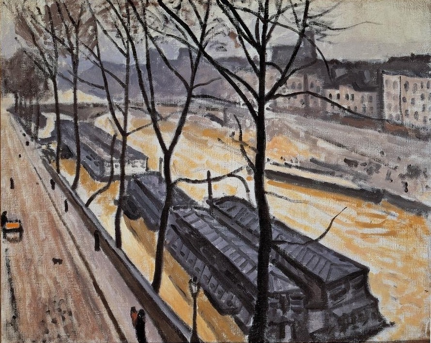 Albert Marquet, Paris en hiver (Quai de Bourbon) (Jahreszeiten,Winter,Impressionismus,Schnee,Grossstadt,Fluss,Fauves,Lastkahn,Französische Kunst,Uferstrasse)