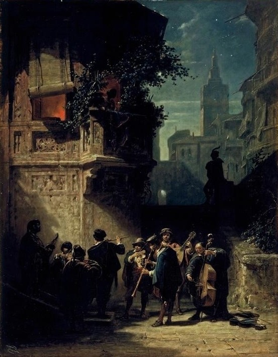 Carl Spitzweg, Spanisches Ständchen (Balkon,Deutsche Kunst,Klarinette,Konzert,Licht Und Beleuchtung,Musik,Orchester,Querflöte,Ständchen,Strassenszene,Szene,Violoncello,Volkskunde,Nacht,Geige,Instrument,Biedermeier,Kleinstadt,Serenade (Musik),Pflasterstein,Musikant,Jalousie,Kletterpflanze,Lan)