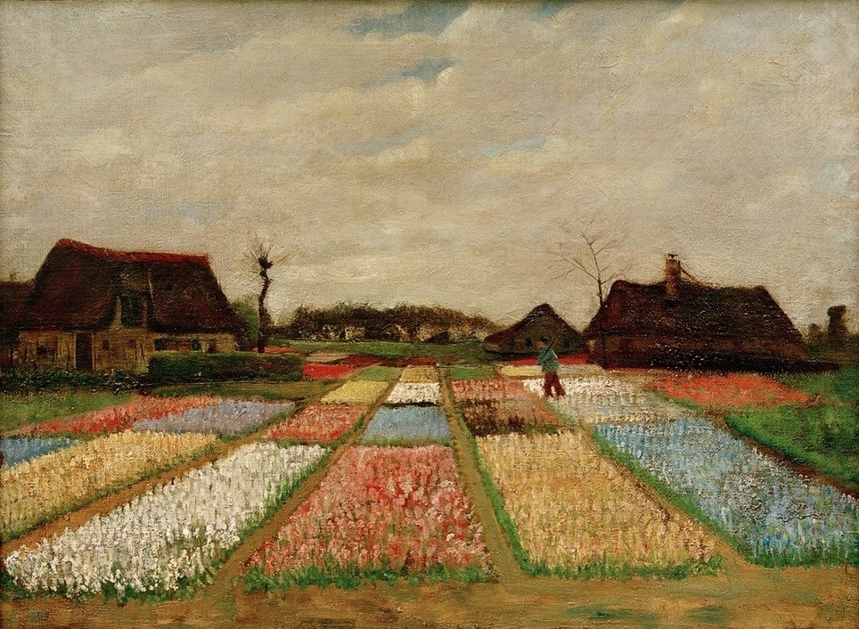 Vincent van Gogh, Blumenbeete in Holland (Botanik, Garten und Park,Landschaft, Handel Und Gewerbe, Gärtnerei, Blume, Blumenzucht, Blumenbeet, Farbigkeit, Postimpressionismus, Landwirtschaft, Klassische Moderne, Impressionismus, Wohnzimmer, Treppenhaus, Wunschgröße, bunt)