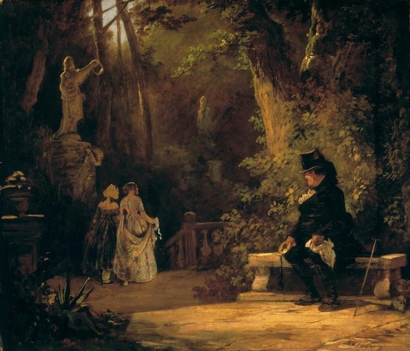 Carl Spitzweg, Der Witwer (Deutsche Kunst,Frau,Garten Und Park,Menschen Im Park,Mode,Park,Bank (Sitzgelegenheit),Spaziergang,Biedermeier,Gewissenskonflikt,Johannistrieb,Witwer,Junge Frau,Festkleidung,Blick (Allgemein))