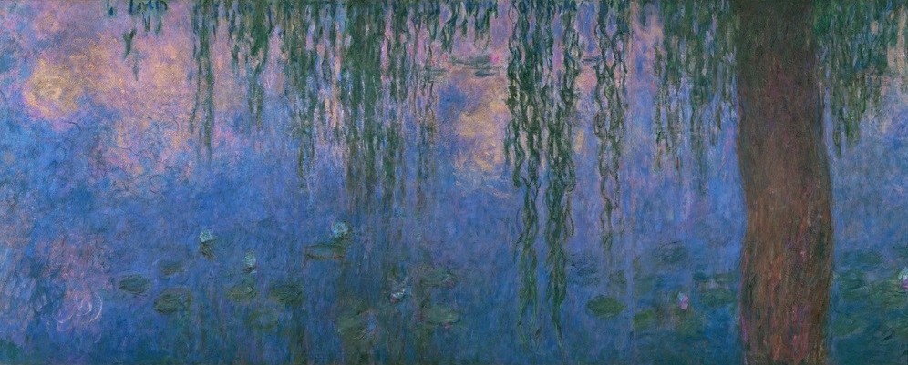 Claude Monet, Le Bassin aux nymphéas avec saules, Le Matin aus saules (Botanik,Landschaft,Wasser,Wasserpflanze,Weide,Tageszeiten,Morgen,Impressionismus,See,Baum,Seerose,Französische Kunst,Harmonie,Dämmerung,Blume,Blatt,Gartenteich,Weiden,Pflanze,Weide (Baum),Wasserlilie,Garten)