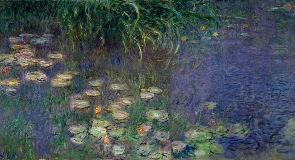 Claude Monet, Le Bassin aux nymphéas sans saules, Matin (Botanik,Landschaft,Wasser,Wasserpflanze,Tageszeiten,Morgen,Impressionismus,See,Seerose,Französische Kunst,Blume,Blatt,Gartenteich,Pflanze,Wasserlilie,Garten)