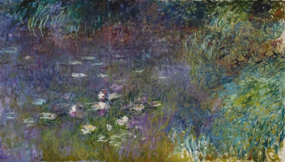 Claude Monet, Le Bassin aux nympheas sans saules, Matin (Botanik,Landschaft,Wasser,Wasserpflanze,Tageszeiten,Morgen,Impressionismus,See,Seerose,Französische Kunst,Blau,Blume,Blatt,Gartenteich,Pflanze,Wasserlilie,Garten)