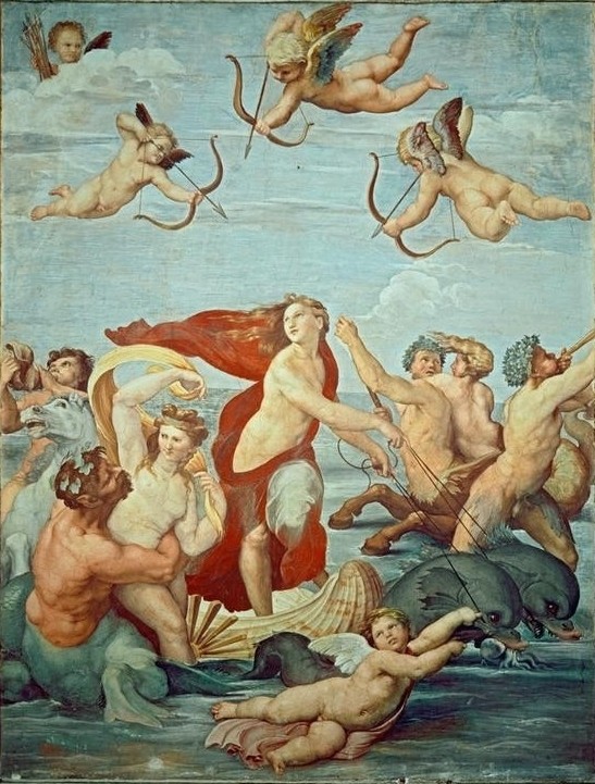 Raffael, Triumph der Galatea (Delphin,Frau,Mythologie,Pfeil,Meer,Nymphe,Renaissance,Akt,Allegorie,Muschel,Triumph,Italienische Kunst,Amorette,Pfeil Und Bogen,Bogen (Waffe),Griechisch-Römische Mythologie)