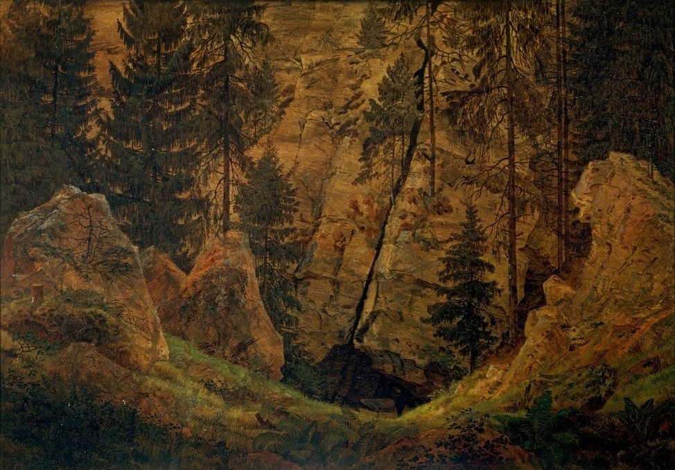 Caspar David Friedrich, Felsental (Das Grab des Arminius) (Landschaft, Felsen, Felsenschlucht, Heldengrab, Bäume, Grab, Klassiker, Wohnzimmer, Treppenhaus, Malerei, Romantik, Wunschgröße, bunt)