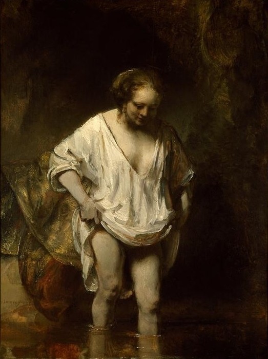 Rembrandt Harmenszoon van Rijn, Badendes Mädchen (Körperpflege,Bad Im Freien,Bad,Frau,Fussbad,Unterwäsche (Damen),Barock,Dekollete,Portrait,Künstlerfrau,Helldunkel,Studie,Niederländische Kunst,Lächeln,Unterhemd,Hemd,Harmonie,Junge Frau,Beine,Hochkrempeln,Waten,Wassertreten)