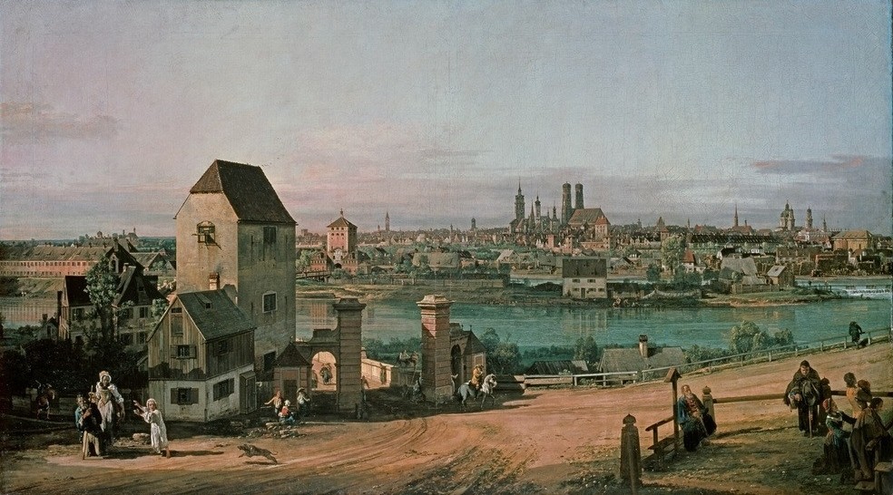 Bernardo Bellotto, Ansicht der Stadt München, von Haidhausen gesehen (Städte, Vedute, Fluss, Isar, historisch, Rokoko, Malerei, Wohnzimmer, Wunschgröße, Klassiker, bunt)