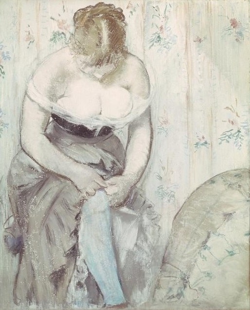 Edouard Manet, La femme a la jarretiere (Frau,Strumpf,Dekollete,Busen,Ankleiden,Strumpfband,Französische Kunst)