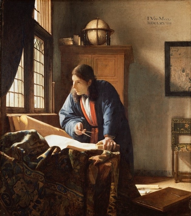 Jan Vermeer, Der Geograph (Arbeitszimmer,Fenster,Geräte,Geographie,Globus,Herrenmode,Mann,Teppich,Zirkel,Stehpult,Wissenschaft,Barock,Wissenschaftler,Portrait,Hausmantel,Nachdenken,Tischtuch,Interieur,Niederländische Kunst,Winkelmass,Intellektueller,Tageslicht,Langes Haar,Gedanken,)