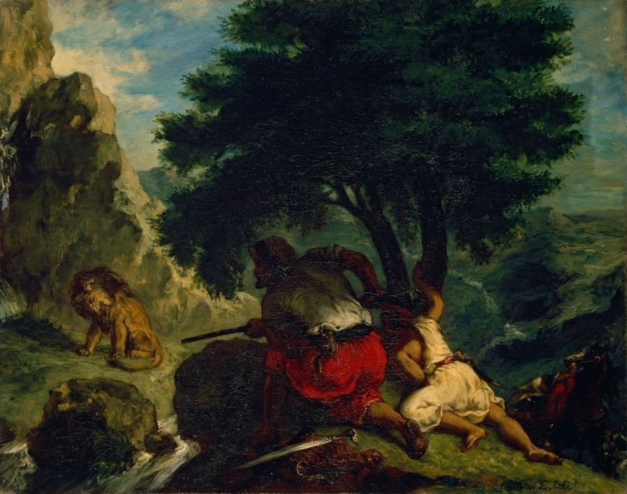 Eugene Delacroix, Löwenjagd in Marokko (Jäger,Jagd,Löwe (Tier),Völkerkunde,Orientalismus,Löwenjagd,Französische Kunst,Romantik,Land Und Leute)