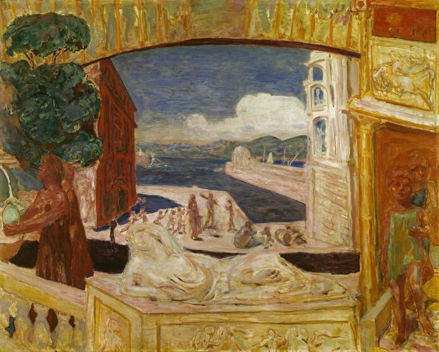 Pierre Bonnard, Denkmäler oder Das Mittelmeer (Malerei, Impressionismus, Landschaft, Denkmäler, Skulpturen, Antike, Ausblick, Meer, Wunschgröße, Treppenhaus, Wohnzimmer, Klassische Moderne, bunt)