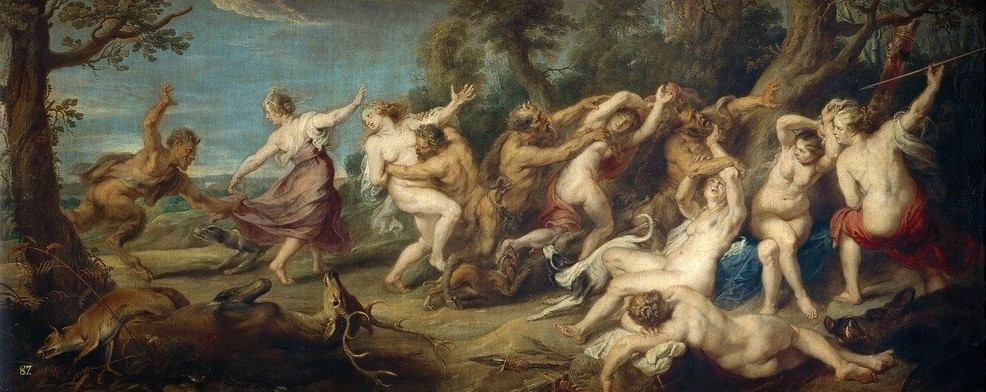 Peter Paul Rubens, Nymphen der Diana, von Satyrn überrascht (Fuchs,Hirsch,Jagd,Mythologie,Wildschwein,Nymphe,Barock,Satyr,Jagdhund,Griechisch-Römische Mythologie)
