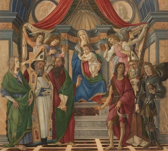 Sandro Botticelli, Thronende Madonna mit dem Kinde, Engeln (Baby,Architektur,Christentum,Engel,Frau,Heilige,Liebe,Religion,Toskanische Kunst,Renaissance,Schleier,Maria Mit Kind,Sacra Conversazione,Bibel,Mutter,Altarbild,Erzengel,Verkündigung An Maria,Italienische Kunst,Thron,Vorhang,Fürsorge,Sohn,Dornenkrone,Heili)