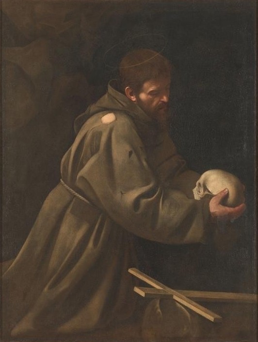 Caravaggio, Der Heilige Franz von Assisi in Meditation (Franziskus, Heiliger, Meditation, Schädel, Kreuz, Einsamkeit, Christentum, Franziskaner, Gebet, Mönch, Barock, hell-dunkel, Klassiker, Malerei, Wunschgröße, Wohnzimmer)